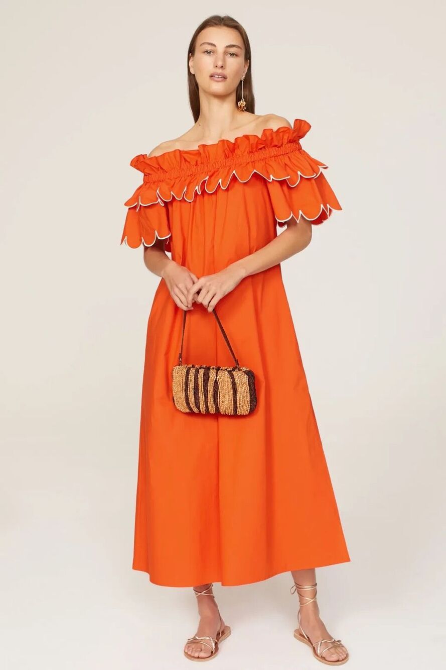 La DoubleJ Breakfast Ruffle Sleeveless Midi Dress in Orange Large
